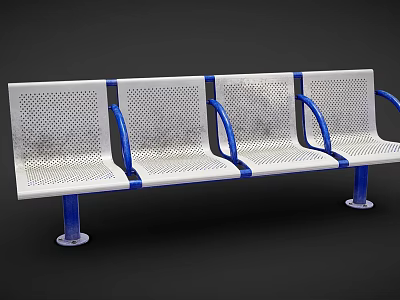 Outdoor Public Bench With White Perforated Metal Seats And Blue Armrests 3d model