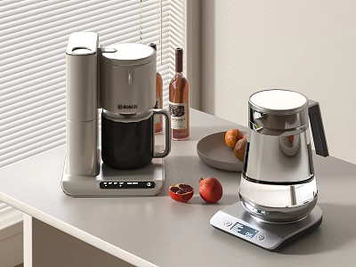 Stylish Kitchen Countertop With Coffee Maker Electric Kettle Digital Scale And Fresh Fruits 3d model