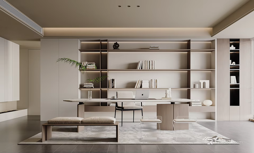 Modern Study Room Interior With Open Bookshelves Writing Desk Wooden Bench And Potted Plant 3d model 