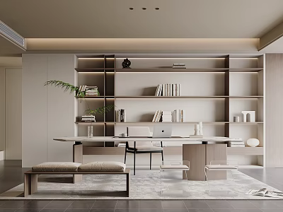 Modern Study Room Interior With Open Bookshelves Writing Desk Wooden Bench And Potted Plant 3d model