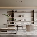 Modern Study Room Interior With Open Bookshelves Writing Desk Wooden Bench And Potted Plant