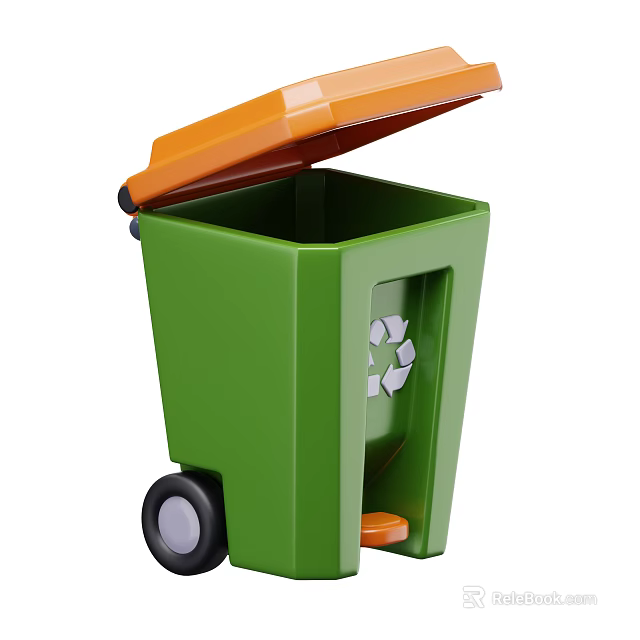 Industrial Waste Recycling Bin Equipment With Green Body Orange Lid Recycling Symbol And Wheels 3d model 