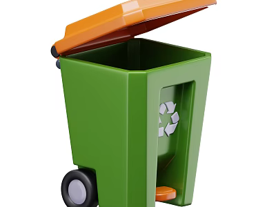 Industrial Waste Recycling Bin Equipment With Green Body Orange Lid Recycling Symbol And Wheels 3d model
