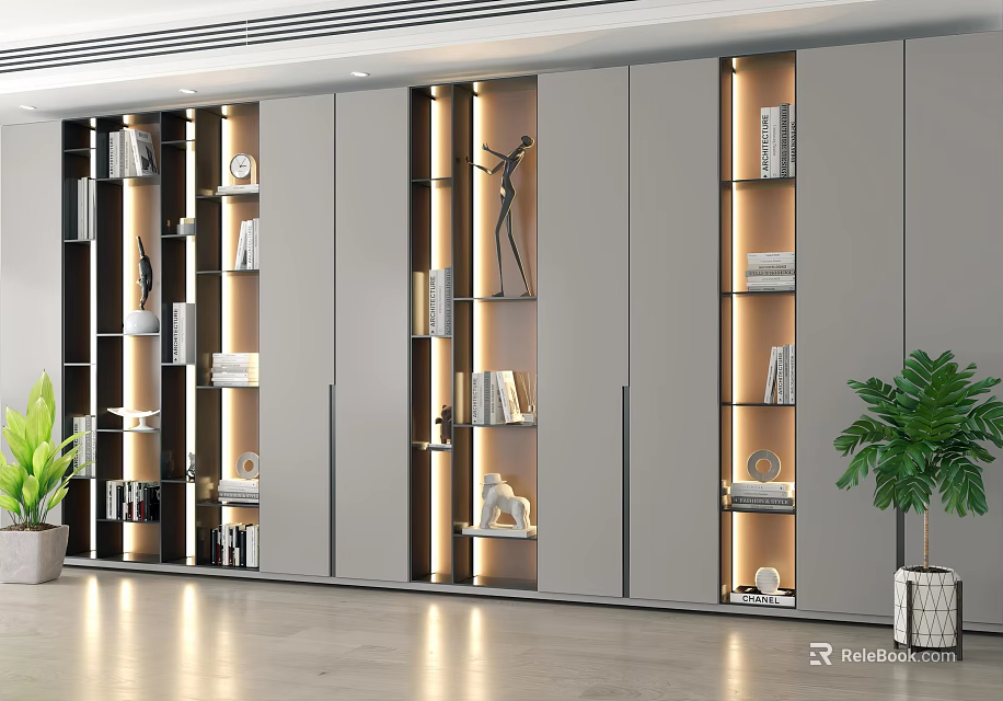 Modern Bookcase Design With LED Lighting Multi Layer Shelves Books And Decorative Items 3d model 