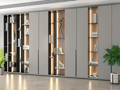 Modern Bookcase Design With LED Lighting Multi Layer Shelves Books And Decorative Items 3d model