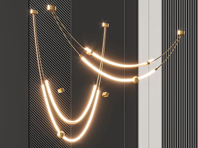 Modern Linear Chandelier With Golden Chains And Illuminated Curved LED Light Fixture Design 3d model