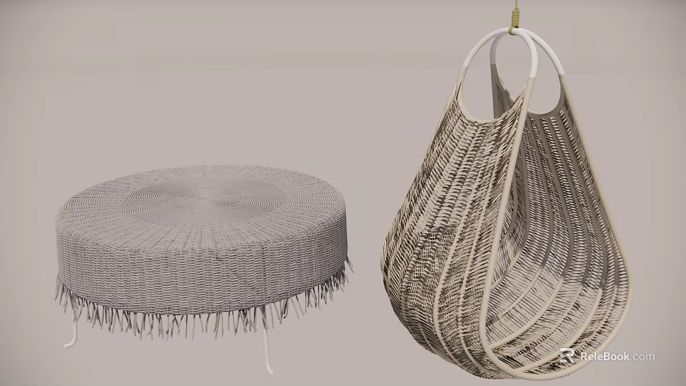 Stylish Woven Hanging Single Chair With Round Tassel Cushion Design 3d model 