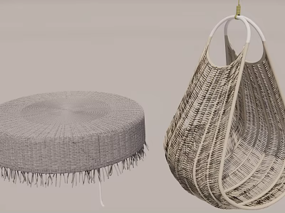 Stylish Woven Hanging Single Chair With Round Tassel Cushion Design 3d model