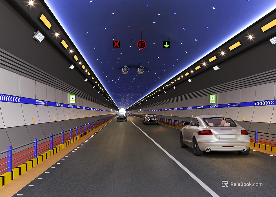 Well Lit Highway Tunnel With Traffic Signs Lanes And Moving Vehicles 3d model 