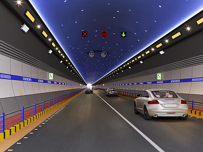 Well Lit Highway Tunnel With Traffic Signs Lanes And Moving Vehicles 3d model
