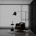 Modern Beige Single Sofa With Coffee Table Books Floor Lamp And White Blinds