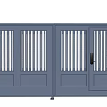 Building Exterior Design With Blue Double Gate And Brick Walls Top Lamp Posts