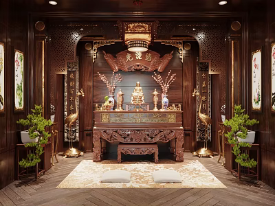 Traditional Buddhist Shrine Interior with Wooden Carvings Hanging Lantern and Prayer Mats for Religious Worship 3d model