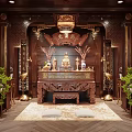 Traditional Buddhist Shrine Interior with Wooden Carvings Hanging Lantern and Prayer Mats for Religious Worship