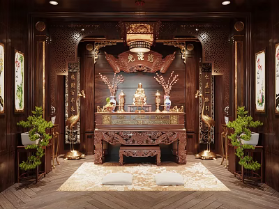 Chinese-style Buddha Hall Buddha Statue Sculpture Buddha Niches Zen Entrance Cabinet Kneeling Cushion Chandelier Guanyin Buddha Phase 3d model