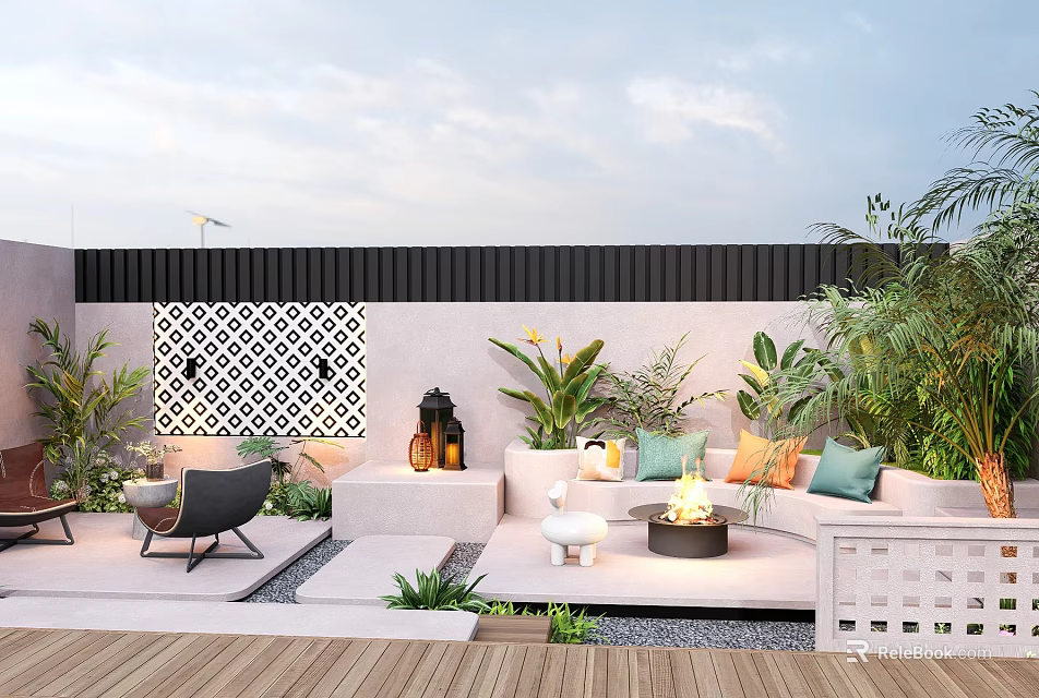 Courtyard Garden Design Featuring Outdoor Sofa Fire Pit Decorative Wall And Lush Plants 3d model 