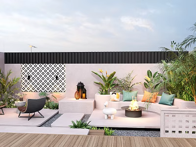 Courtyard Garden Design Featuring Outdoor Sofa Fire Pit Decorative Wall And Lush Plants 3d model