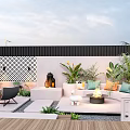Courtyard Garden Design Featuring Outdoor Sofa Fire Pit Decorative Wall And Lush Plants