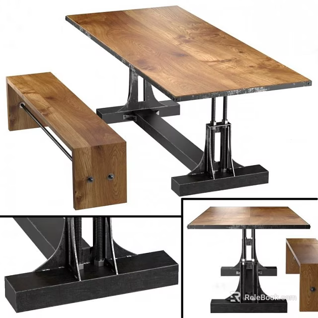 Modern Wooden Dining Table Set With Bench And Black Metal Legs 3d model 