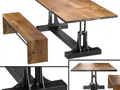 Modern Wooden Dining Table Set With Bench And Black Metal Legs 3d model