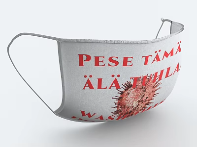 White Cloth Face Mask With Red Text And Virus Illustration Design 3d model