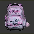 Pink Backpack With Horse Pattern Rock N Roll Text And Pom Pom For Daily Use
