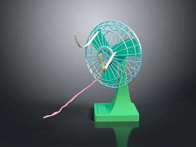 Minimalist Table Fan With Green Base Blue Blades And Pink Cord 3d model