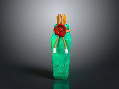 Decorative Green Vase With Textured Surface Red Ornament And Wooden Sticks 3d model