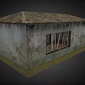 Dilapidated Small Hut With Rusted Roof Peeling Mossy Walls And Wooden Door Steps