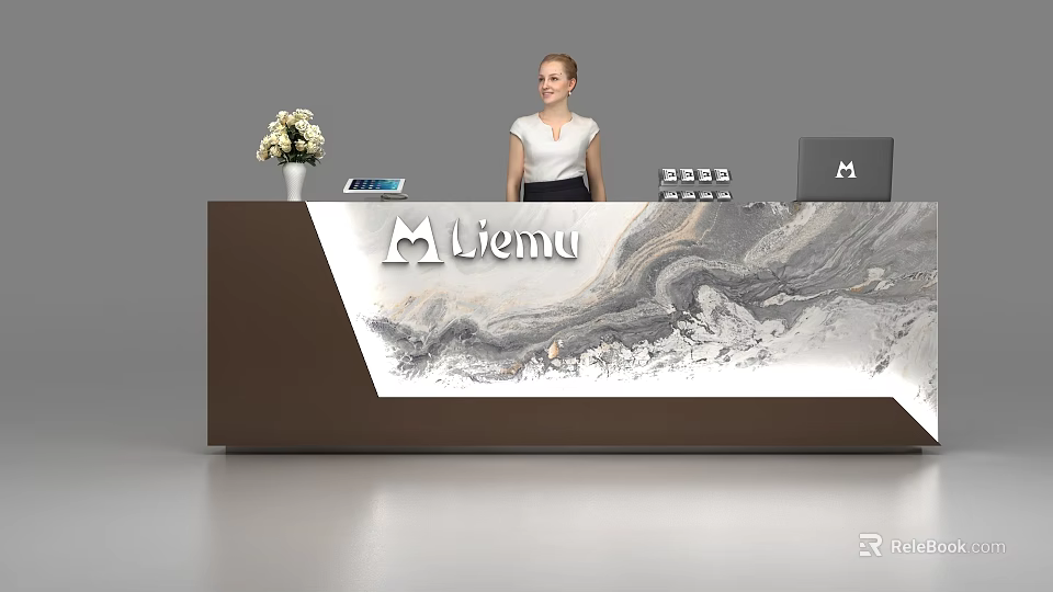 Modern Reception Desk With Liemu Logo Marble Texture Vase Tablet And Laptop 3d model 