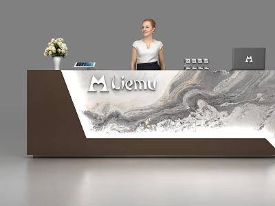 Modern Reception Desk With Liemu Logo Marble Texture Vase Tablet And Laptop 3d model