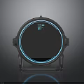 Futuristic Circular Smart Display With Blue Glowing Border And Transparent Stand