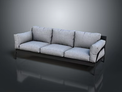 Modern Three Seater Sofa With Gray Fabric Cushions And Black Metal Legs 3d model