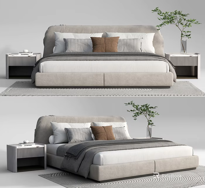 Modern Double Bed Interior With Soft Pillows Nightstands And Green Plant 3d model