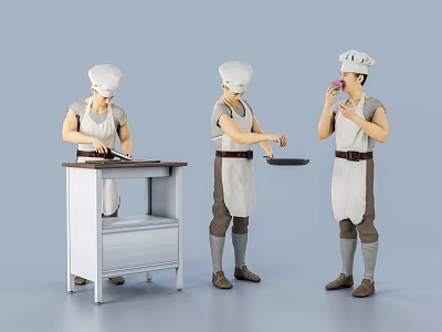 Men Wearing Chef Hats and Aprons Preparing Food Cutting Ingredients Holding Pan and Tasting 3d model