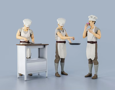 Men Wearing Chef Hats and Aprons Preparing Food Cutting Ingredients Holding Pan and Tasting 3d model