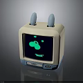 Retro Radio Device With Two Blue Antennas Green Cartoon Screen Talk Text White Blue Design