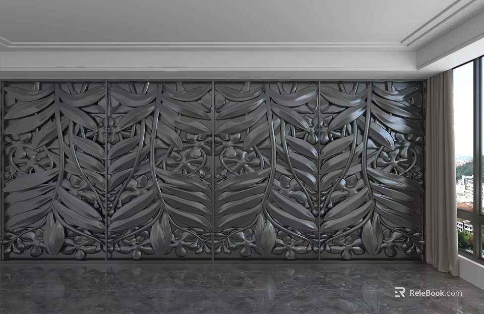 Dark Gray Glossy Relief Wall Featuring Intricate Leaf And Flower Patterns In Interior 3d model 