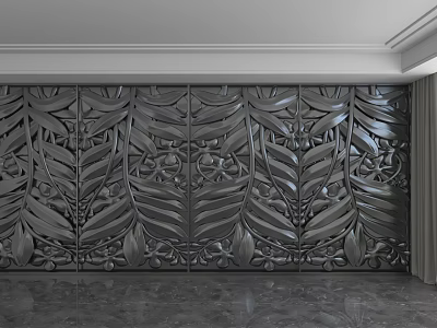 Dark Gray Glossy Relief Wall Featuring Intricate Leaf And Flower Patterns In Interior 3d model