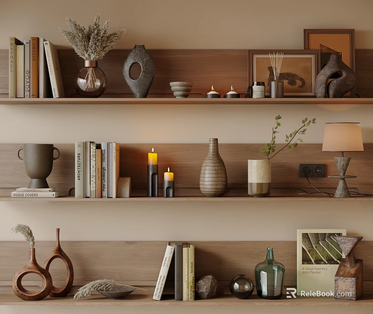 Decorative Ornament Set Featuring Books Vases Candles Table Lamp And Photo Frames On Shelf 3d model 