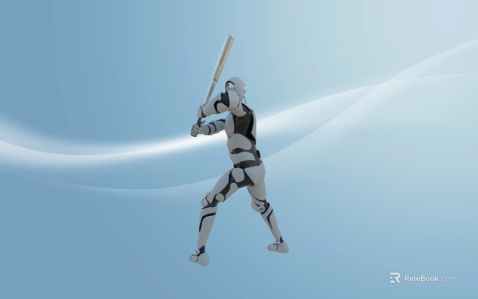 Intelligent Robot Holding Baseball Bat In Batting Stance On Light Blue Wavy Background 3d model 