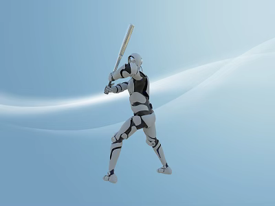 Intelligent Robot Holding Baseball Bat In Batting Stance On Light Blue Wavy Background 3d model
