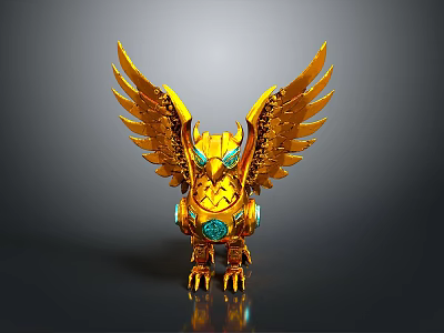 Golden Eagle Shaped Mechanical Figurine With Spread Wings Glowing Eyes And Gemstone Details 3d model