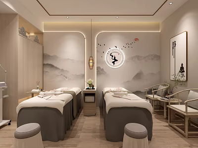 Elegant Beauty Salon Interior with Treatment Beds Landscape Paintings and Circular Decor 3d model