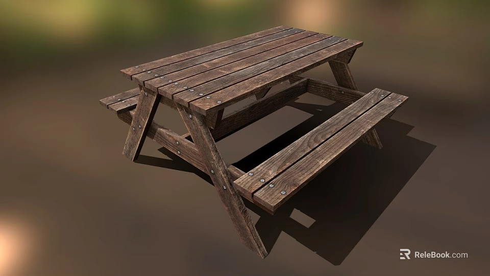 Sturdy Wooden Outdoor Picnic Table and Bench Set With Slatted Design 3d model 