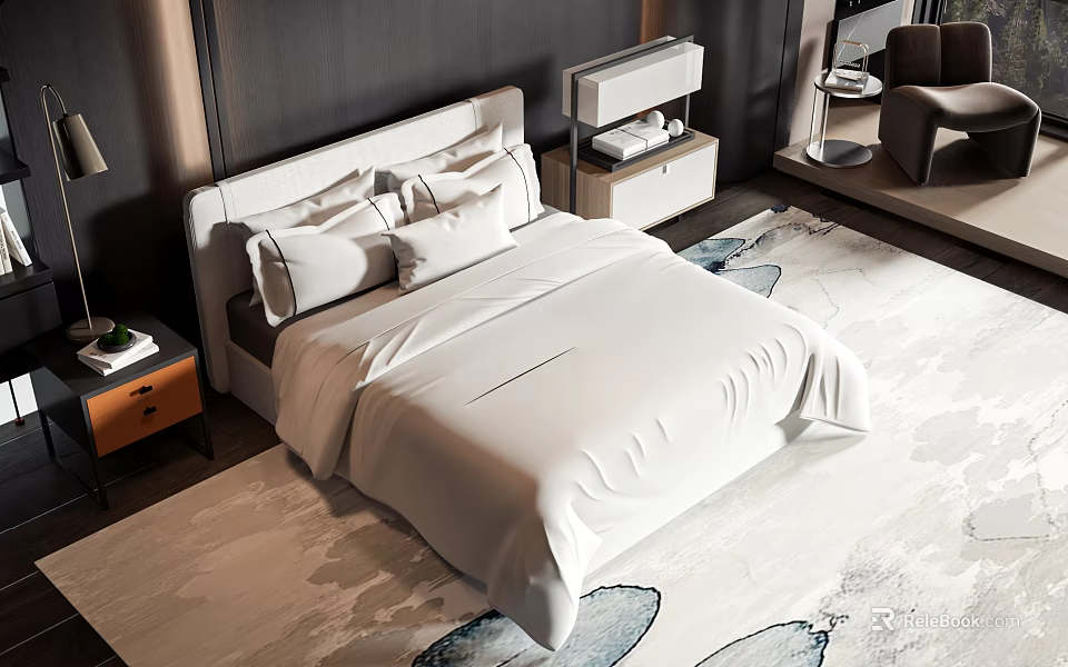 Modern Double Bed with White Bedding Upholstered Headboard and Dark Wall Rug Interior Design 3d model 