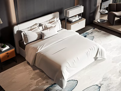 Modern Double Bed with White Bedding Upholstered Headboard and Dark Wall Rug Interior Design 3d model