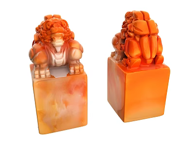 Carved Lion Seal Sculptures With Orange Stone Base And Intricate Details 3d model