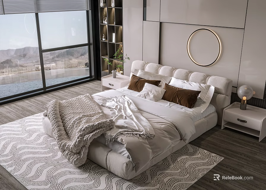 Modern Double Bed with White Sheets Brown Pillows Gray Blanket Round Mirror Large Window View 3d model 