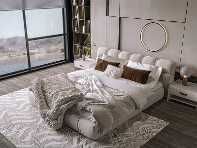 Modern Double Bed with White Sheets Brown Pillows Gray Blanket Round Mirror Large Window View 3d model